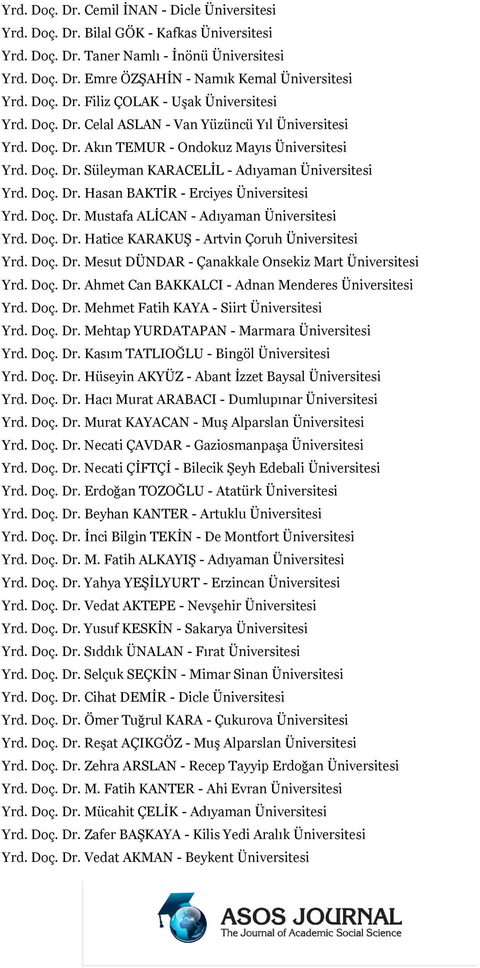 Doç. Dr. Hasan BAKTİR - Erciyes Üniversitesi Yrd. Doç. Dr. Mustafa ALİCAN - Adıyaman Üniversitesi Yrd. Doç. Dr. Hatice KARAKUŞ - Artvin Çoruh Üniversitesi Yrd. Doç. Dr. Mesut DÜNDAR - Çanakkale Onsekiz Mart Üniversitesi Yrd.