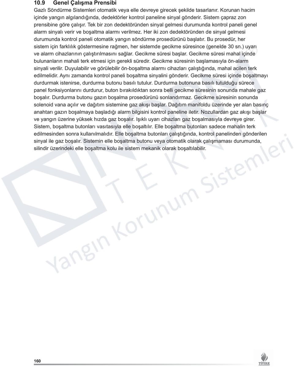 Her iki zon dedektöründen de sinyal gelmesi durumunda kontrol paneli otomatik yangın söndürme prosedürünü başlatır.