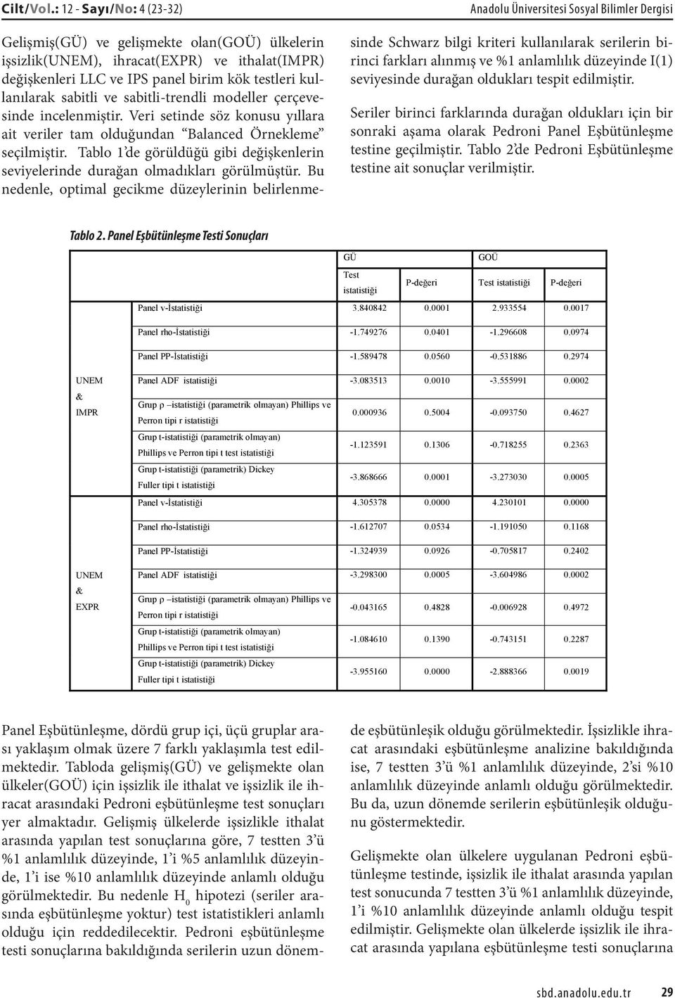 birim kök testleri kullanılarak sabitli ve sabitli-trendli modeller çerçevesinde incelenmiştir. Veri setinde söz konusu yıllara ait veriler tam olduğundan Balanced Örnekleme seçilmiştir.