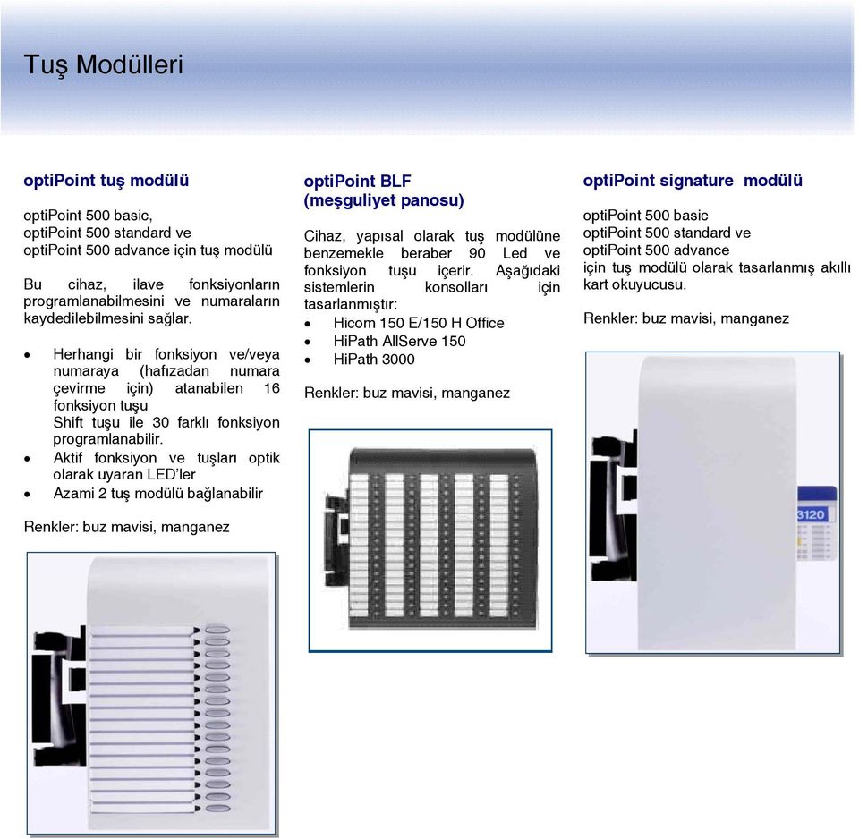 Aktif fonksiyon ve tuşları optik olarak uyaran LED ler Azami 2 tuş modülü bağlanabilir optipoint BLF (meşguliyet panosu) Cihaz, yapısal olarak tuş modülüne benzemekle beraber 90 Led ve fonksiyon tuşu