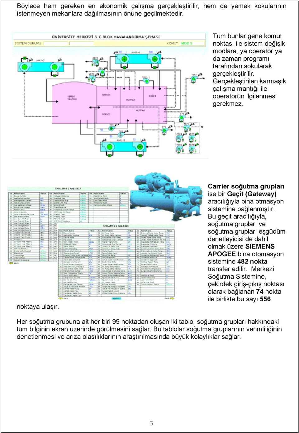 Gerçekleştirilen karmaşık çalışma mantığı ile operatörün ilgilenmesi gerekmez. noktaya ulaşır. Carrier soğutma grupları ise bir Geçit (Gateway) aracılığıyla bina otmasyon sistemine bağlanmıştır.