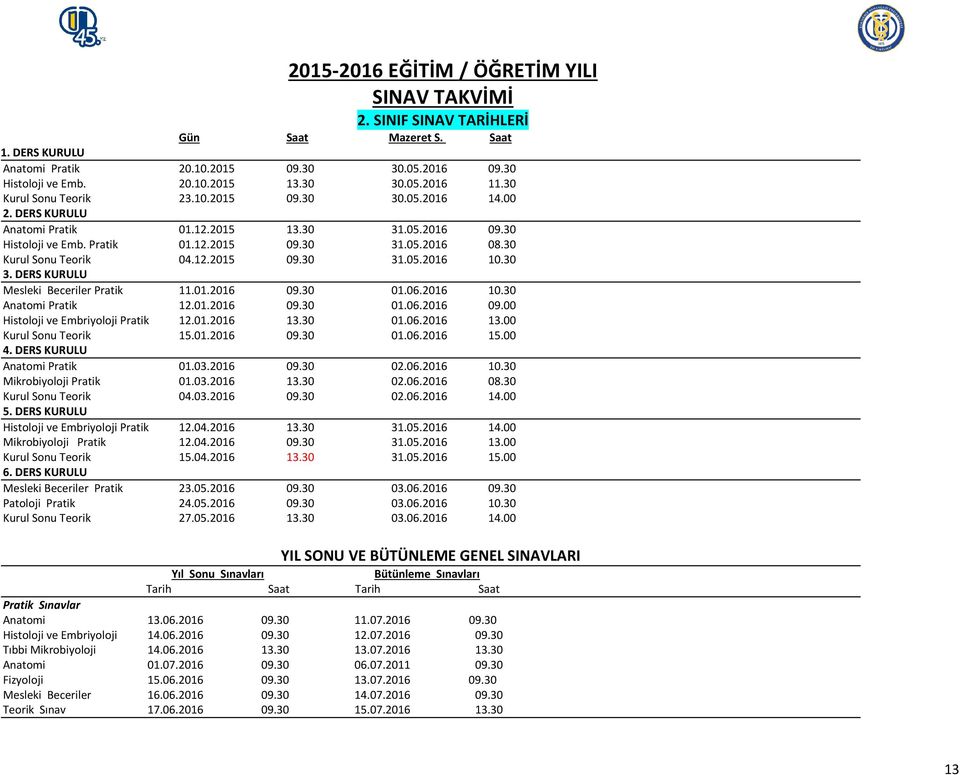 12.2015 09.30 31.05.2016 10.30 3. DERS KURULU Mesleki Beceriler Pratik 11.01.2016 09.30 01.06.2016 10.30 Anatomi Pratik 12.01.2016 09.30 01.06.2016 09.00 Histoloji ve Embriyoloji Pratik 12.01.2016 13.