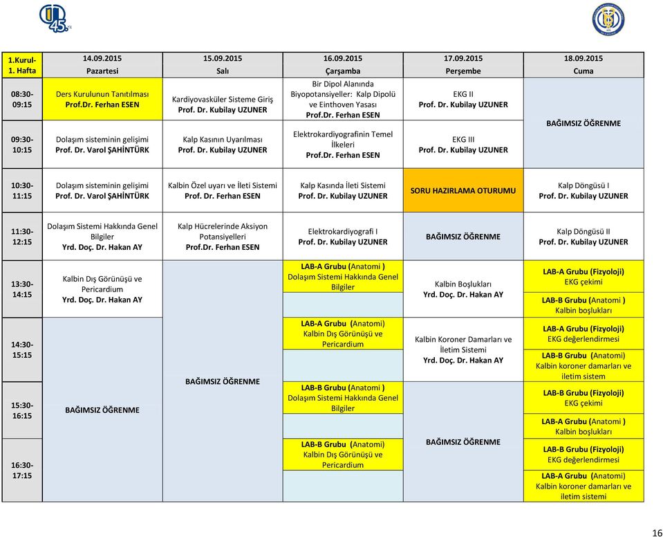 Dr. Ferhan ESEN Elektrokardiyografinin Temel İlkeleri Prof.Dr. Ferhan ESEN EKG II Prof. Dr. Kubilay UZUNER EKG III Prof. Dr. Kubilay UZUNER 10:30-11:15 Dolaşım sisteminin gelişimi Prof. Dr. Varol ŞAHİNTÜRK Kalbin Özel uyarı ve İleti Sistemi Prof.