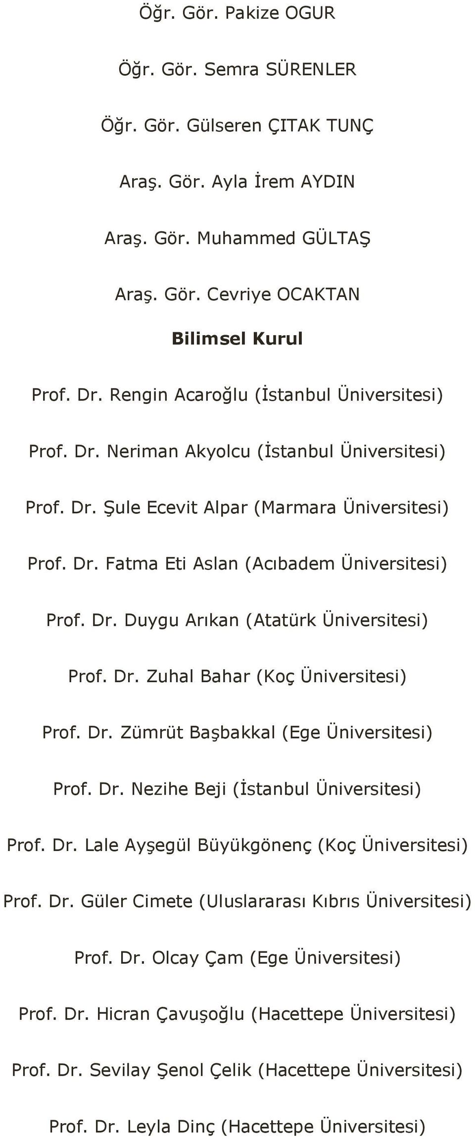 Dr. Zuhal Bahar (Koç Üniversitesi) Prof. Dr. Zümrüt Başbakkal (Ege Üniversitesi) Prof. Dr. Nezihe Beji (İstanbul Üniversitesi) Prof. Dr. Lale Ayşegül Büyükgönenç (Koç Üniversitesi) Prof. Dr. Güler Cimete (Uluslararası Kıbrıs Üniversitesi) Prof.