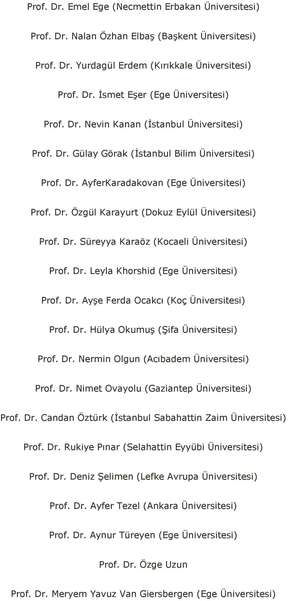 Dr. Leyla Khorshid (Ege Üniversitesi) Prof. Dr. Ayşe Ferda Ocakcı (Koç Üniversitesi) Prof. Dr. Hülya Okumuş (Şifa Üniversitesi) Prof. Dr. Nermin Olgun (Acıbadem Üniversitesi) Prof. Dr. Nimet Ovayolu (Gaziantep Üniversitesi) Prof.