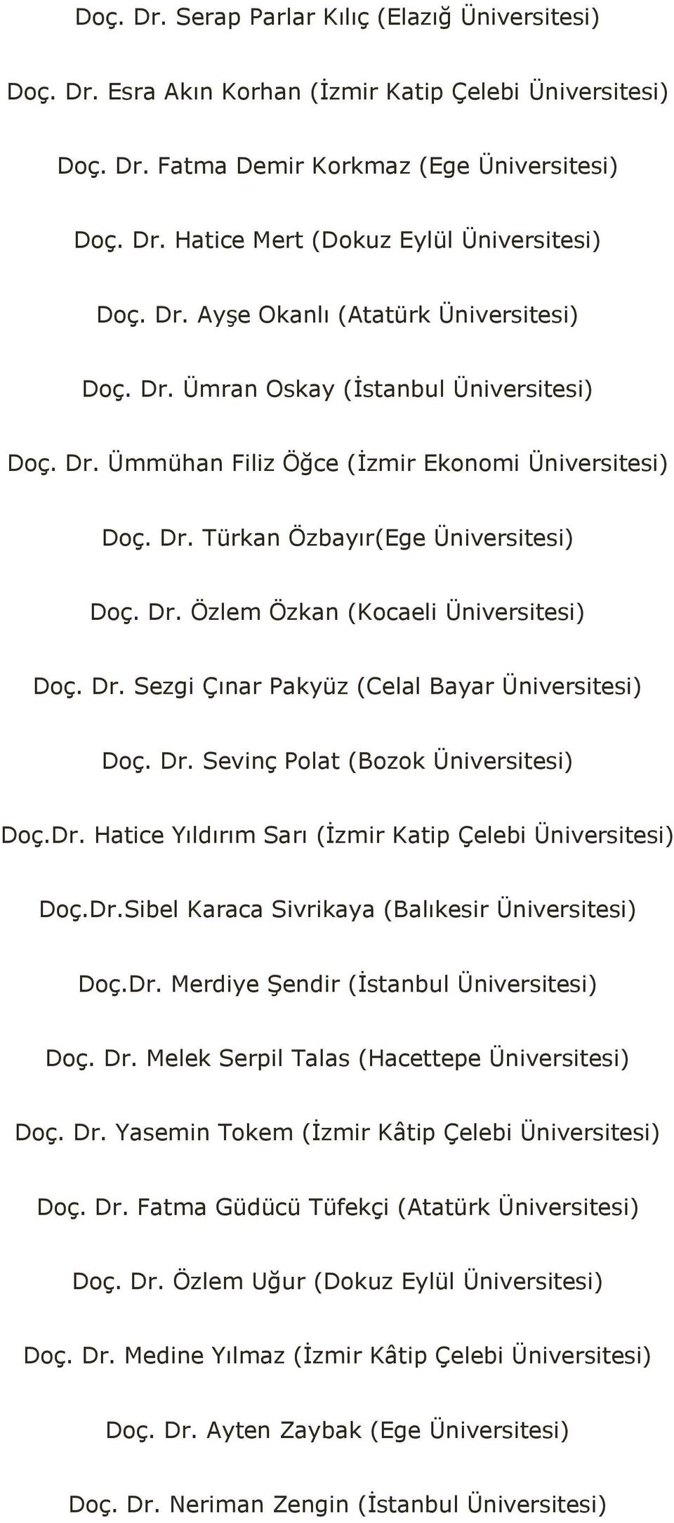 Dr. Sezgi Çınar Pakyüz (Celal Bayar Üniversitesi) Doç. Dr. Sevinç Polat (Bozok Üniversitesi) Doç.Dr. Hatice Yıldırım Sarı (İzmir Katip Çelebi Üniversitesi) Doç.Dr.Sibel Karaca Sivrikaya (Balıkesir Üniversitesi) Doç.