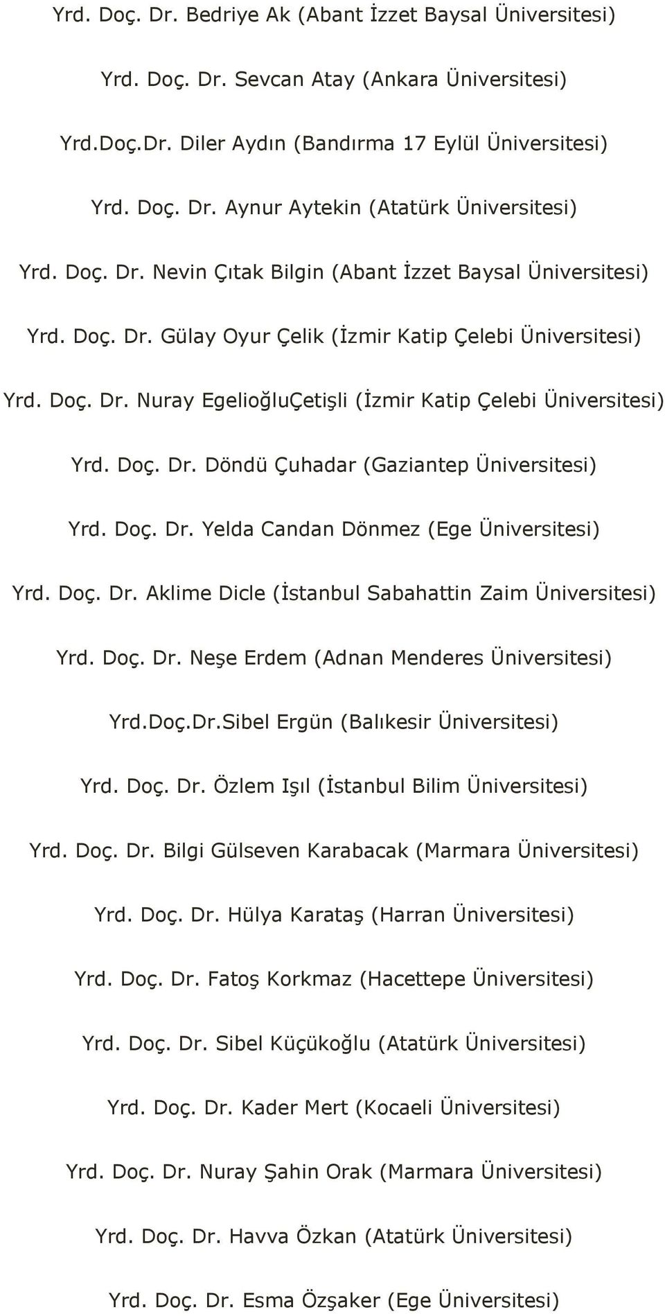 Doç. Dr. Döndü Çuhadar (Gaziantep Üniversitesi) Yrd. Doç. Dr. Yelda Candan Dönmez (Ege Üniversitesi) Yrd. Doç. Dr. Aklime Dicle (İstanbul Sabahattin Zaim Üniversitesi) Yrd. Doç. Dr. Neşe Erdem (Adnan Menderes Üniversitesi) Yrd.