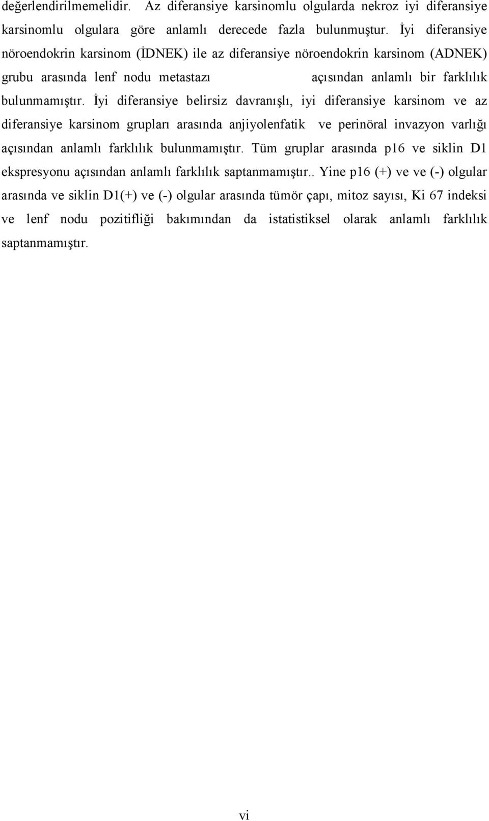 Đyi diferansiye belirsiz davranışlı, iyi diferansiye karsinom ve az diferansiye karsinom grupları arasında anjiyolenfatik ve perinöral invazyon varlığı açısından anlamlı farklılık bulunmamıştır.