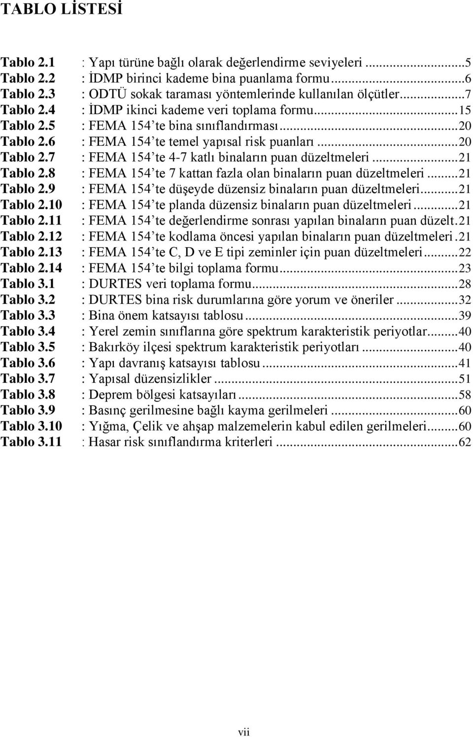 6 : FEMA 154 te temel yapısal risk puanları... 20 Tablo 2.7 : FEMA 154 te 4-7 katlı binaların puan düzeltmeleri... 21 Tablo 2.8 : FEMA 154 te 7 kattan fazla olan binaların puan düzeltmeleri.