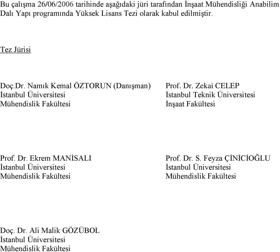 Zekai CELEP İstanbul Teknik Üniversitesi İnşaat Fakültesi Prof. Dr. Ekrem MANİSALI İstanbul Üniversitesi Mühendislik Fakültesi Prof.