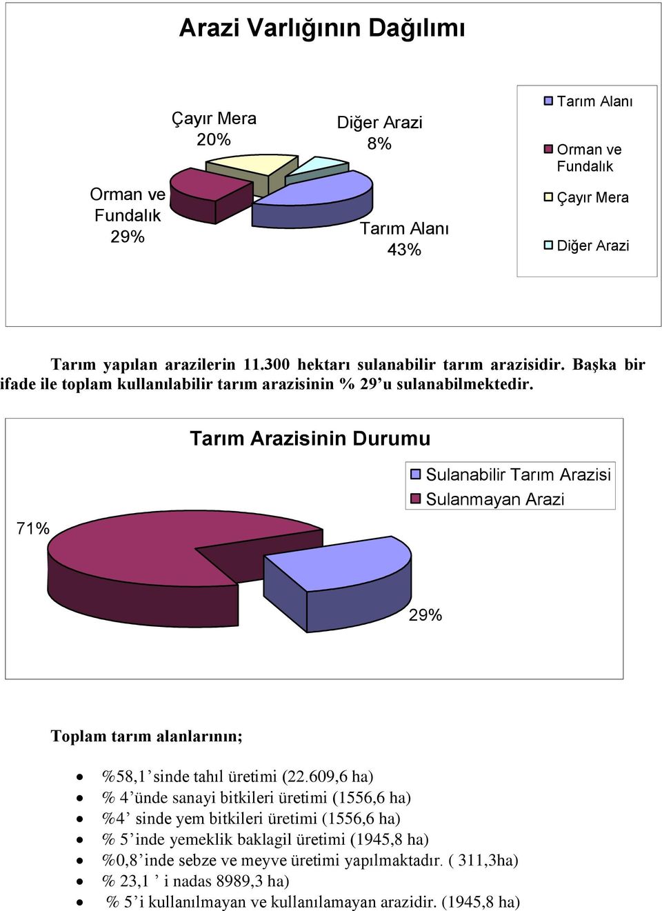 Tarım Arazisinin Durumu 71% Sulanabilir Tarım Arazisi Sulanmayan Arazi 29% Toplam tarım alanlarının; % 58,1 sinde tahıl üretimi (22.