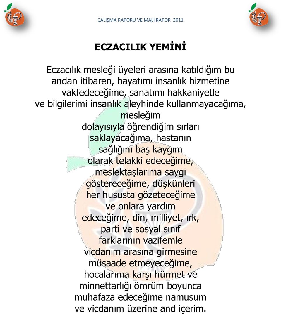 edeceğime, meslektaşlarıma saygı göstereceğime, düşkünleri her hususta gözeteceğime ve onlara yardım edeceğime, din, milliyet, ırk, parti ve sosyal sınıf