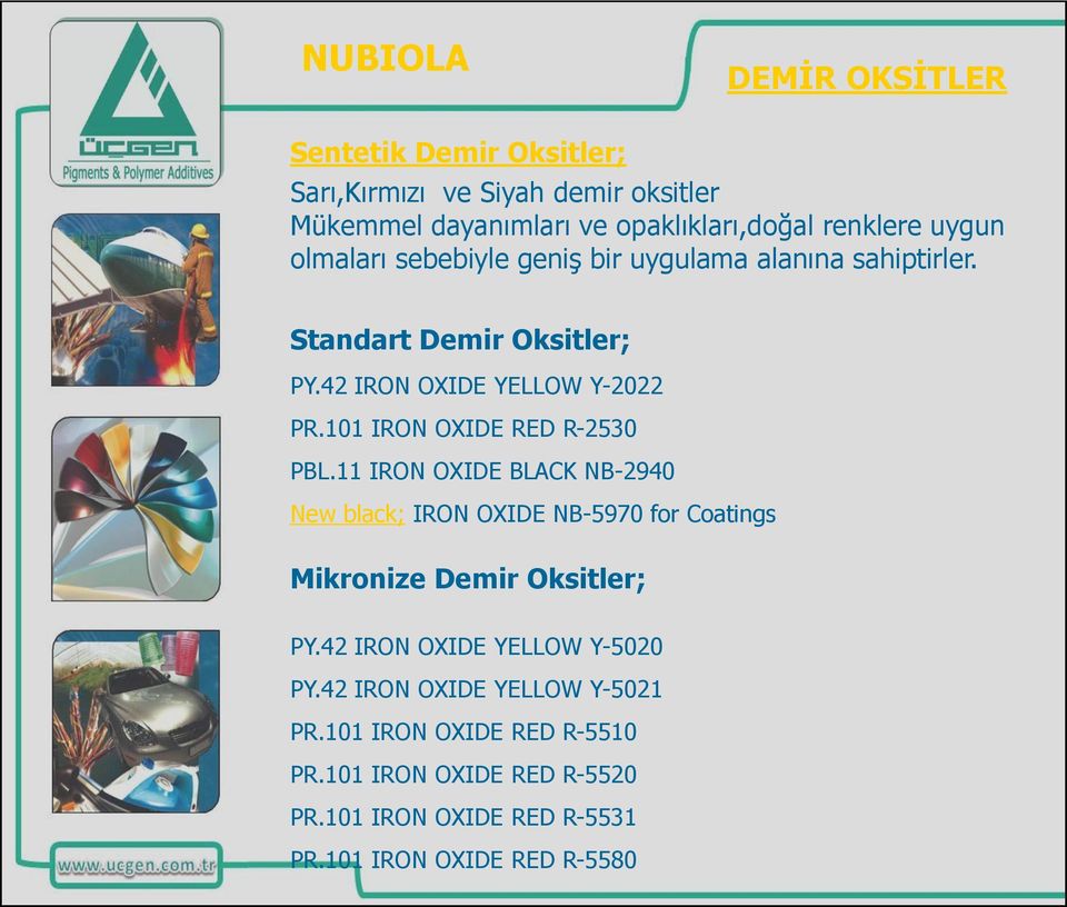 101 IRON OXIDE RED R-2530 PBL.11 IRON OXIDE BLACK NB-2940 New black; IRON OXIDE NB-5970 for Coatings Mikronize Demir Oksitler; PY.