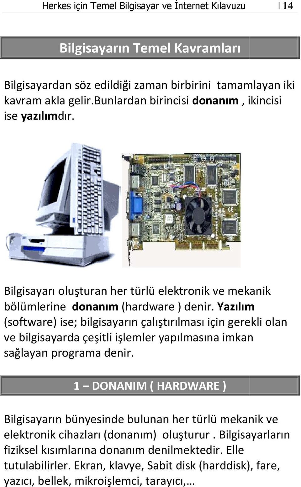 Yazılım (software) ise; bilgisayarın çalıştırılması için gerekli olan ve bilgisayarda çeşitli işlemler yapılmasına imkan sağlayan programa denir.