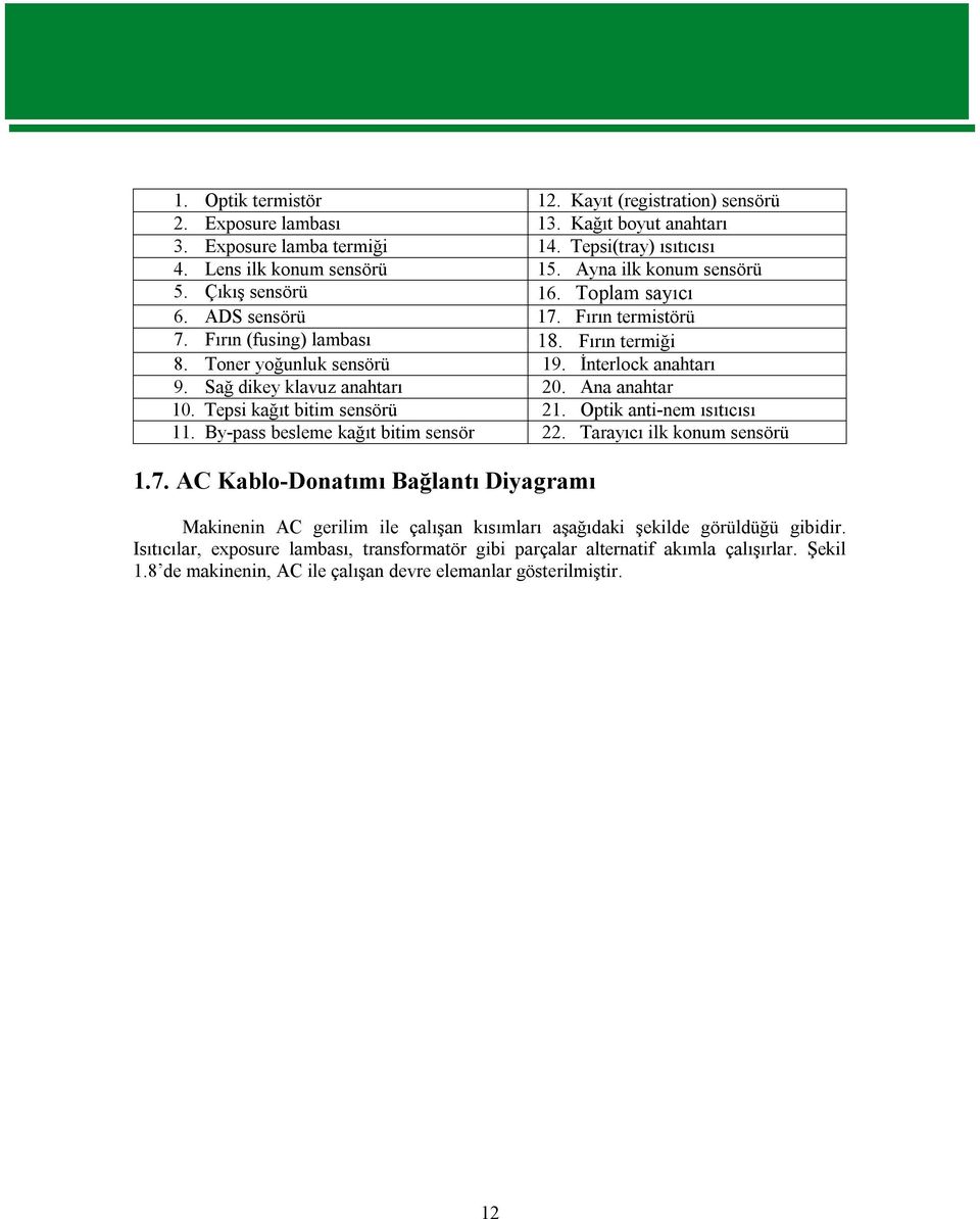 Sağ dikey klavuz anahtarı 20. Ana anahtar 10. Tepsi kağıt bitim sensörü 21. Optik anti-nem ısıtıcısı 11. By-pass besleme kağıt bitim sensör 22. Tarayıcı ilk konum sensörü 1.7.