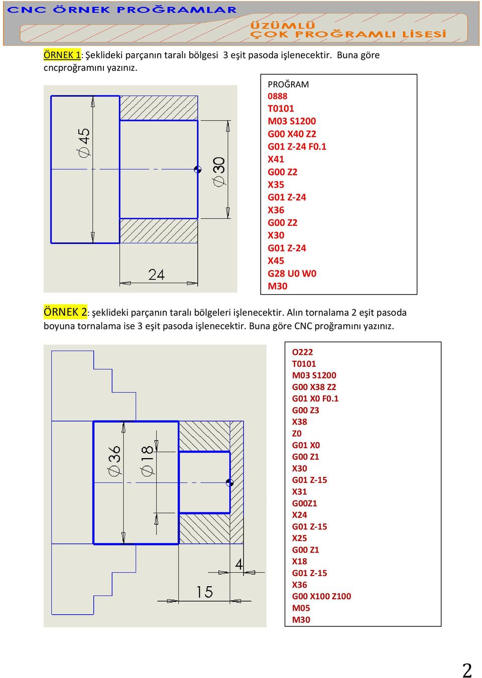 1 X41 G00 Z2 X35 G01 Z-24 X36 G00 Z2 X30 G01 Z-24 X45 G28 U0 W0 ÖRNEK 2: şeklideki parçanın taralı bölgeleri işlenecektir.