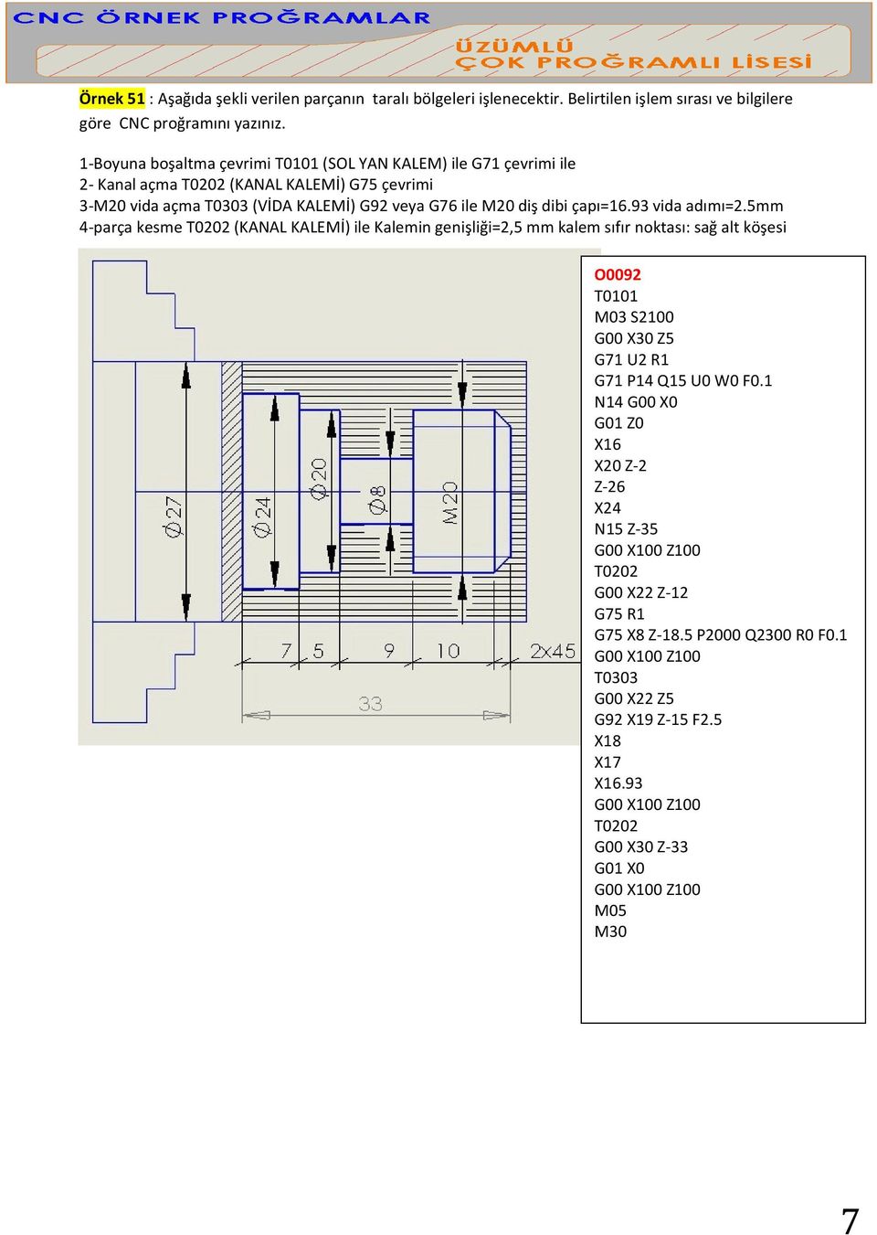 93 vida adımı=2.5mm 4-parça kesme T0202 (KANAL KALEMİ) ile Kalemin genişliği=2,5 mm kalem sıfır noktası: sağ alt köşesi O0092 T0101 M03 S2100 G00 X30 Z5 G71 U2 R1 G71 P14 Q15 U0 W0 F0.