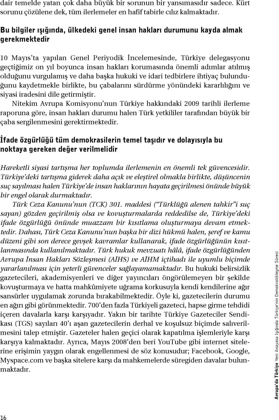 korumasında önemli adımlar atılmış olduğunu vurgulamış ve daha başka hukuki ve idari tedbirlere ihtiyaç bulunduğunu kaydetmekle birlikte, bu çabalarını sürdürme yönündeki kararlılığını ve siyasi