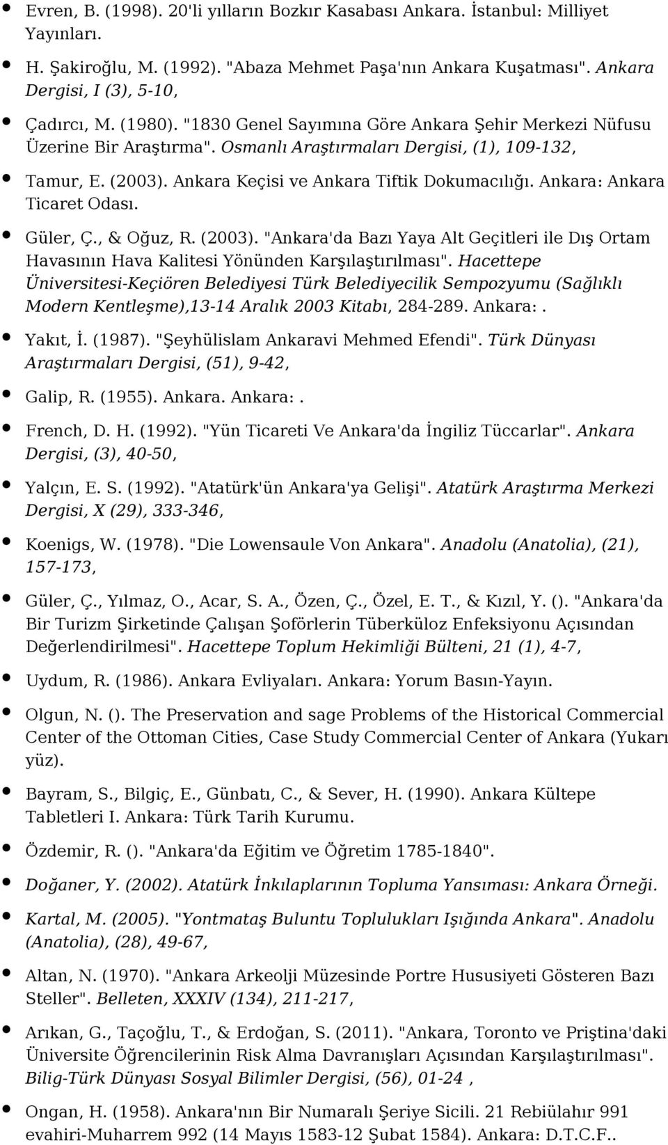 Ankara: Ankara Ticaret Odası. Güler, Ç., & Oğuz, R. (2003). "Ankara'da Bazı Yaya Alt Geçitleri ile Dış Ortam Havasının Hava Kalitesi Yönünden Karşılaştırılması".