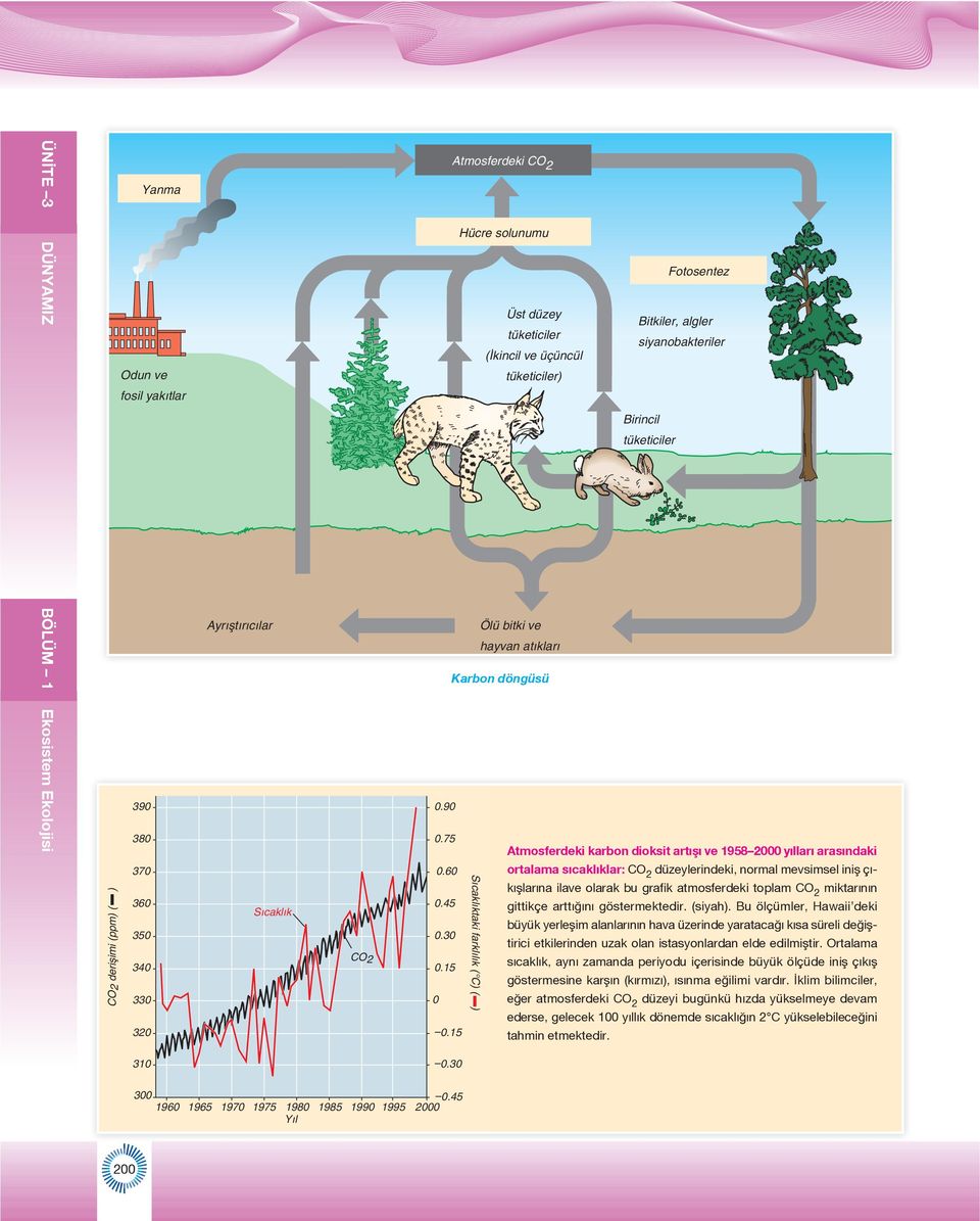 15 S cakl ktaki farkl l k ( C) ( ) Atmosferdeki karbon dioksit artışı ve 1958 2000 yılları arasındaki ortalama sıcaklıklar: CO 2 düzeylerindeki, normal mevsimsel iniş çıkışlarına ilave olarak bu