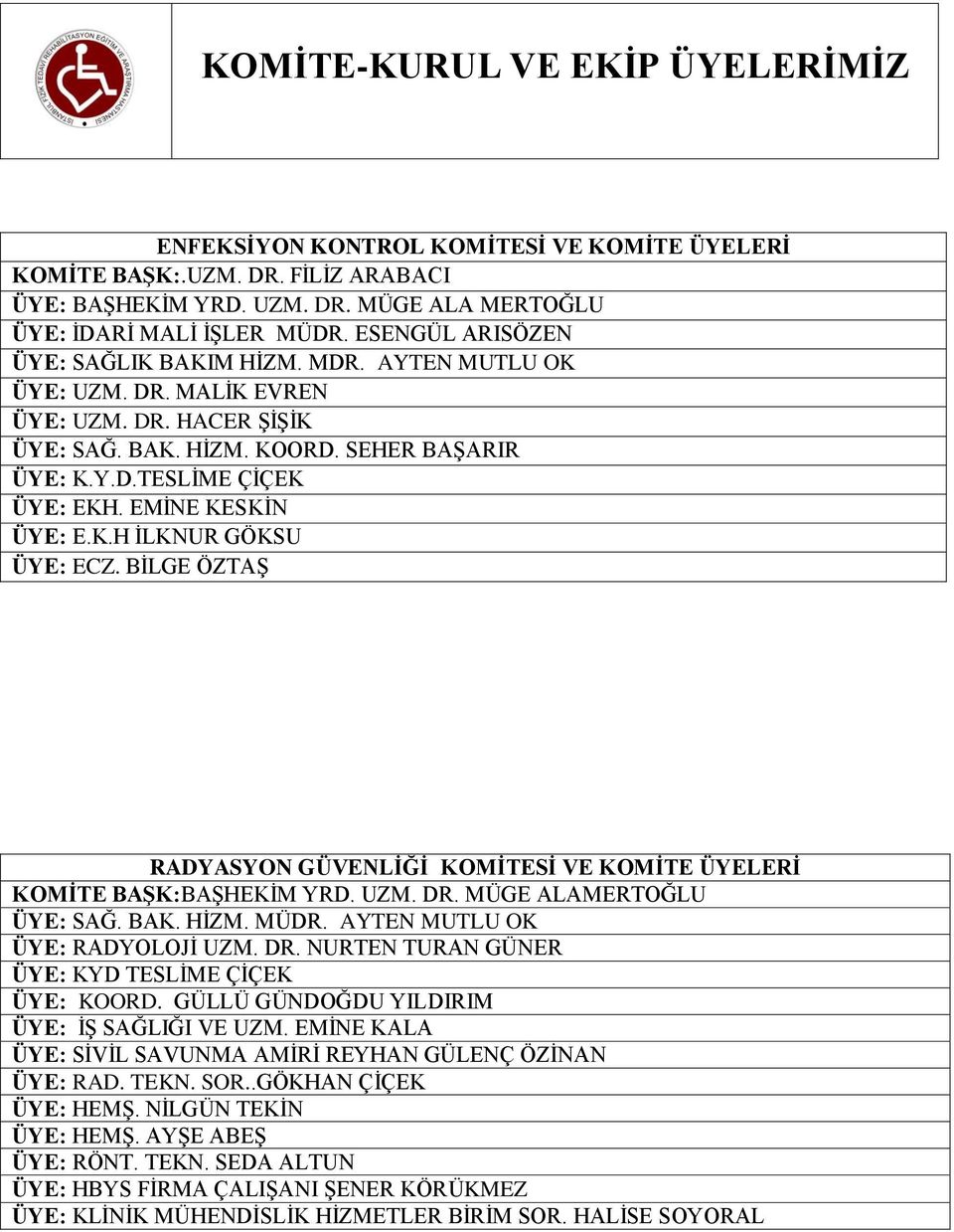 BİLGE ÖZTAŞ RADYASYON GÜVENLİĞİ KOMİTESİ VE KOMİTE ÜYELERİ KOMİTE BAŞK:BAŞHEKİM YRD. UZM. DR. MÜGE ALAMERTOĞLU ÜYE: SAĞ. BAK. HİZM. MÜDR. AYTEN MUTLU OK ÜYE: RADYOLOJİ UZM. DR. NURTEN TURAN GÜNER ÜYE: KYD TESLİME ÇİÇEK ÜYE: KOORD.