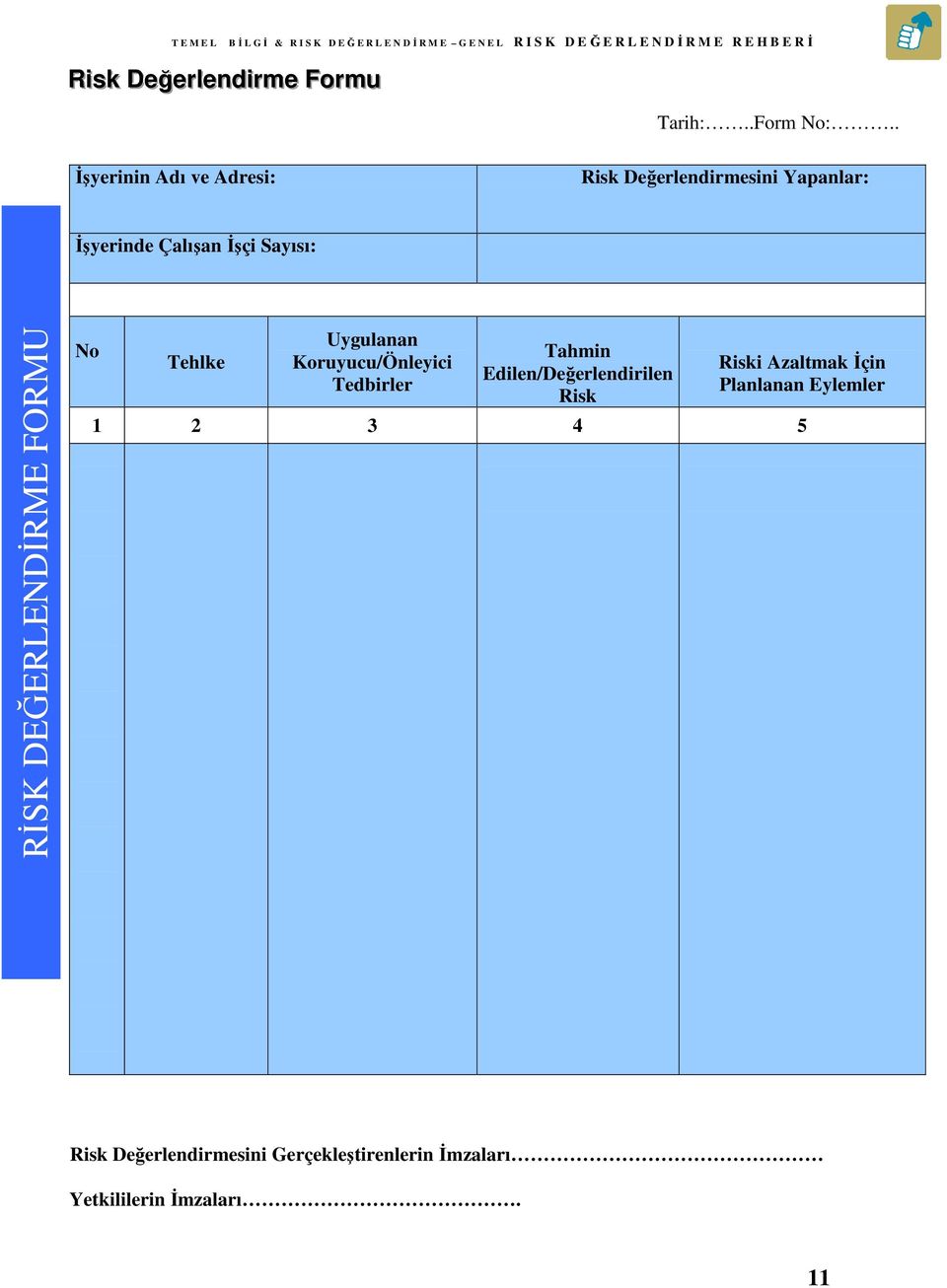RİSK DEĞERLENDİRME FORMU No Tehlke Uygulanan Koruyucu/Önleyici Tedbirler Tahmin