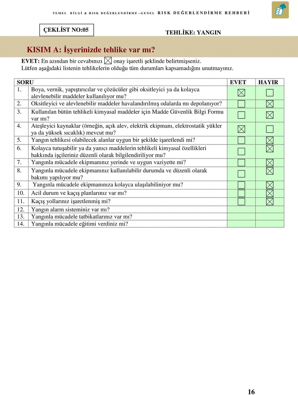 Boya, vernik, yapıştırıcılar ve çözücüler gibi oksitleyici ya da kolayca alevlenebilir maddeler kullanılıyor mu? 2. Oksitleyici ve alevlenebilir maddeler havalandırılmış odalarda mı depolanıyor? 3.