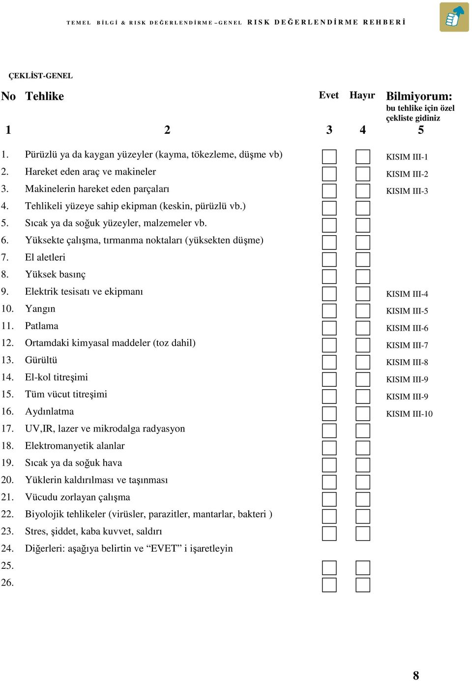 Yüksekte çalışma, tırmanma noktaları (yüksekten düşme) 7. El aletleri 8. Yüksek basınç 9. Elektrik tesisatı ve ekipmanı KISIM III-4 10. Yangın KISIM III-5 11. Patlama KISIM III-6 12.