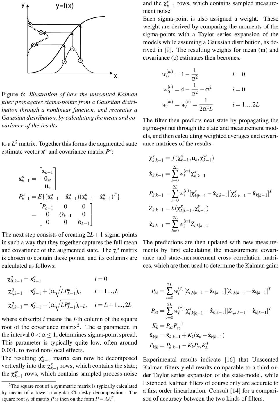 The resulting weights for mean (m) and covariance (c) estimates then becomes: Figure 6: Illustration of how the unscented Kalman filter propagates sigma-points from a Gaussian distribution through a