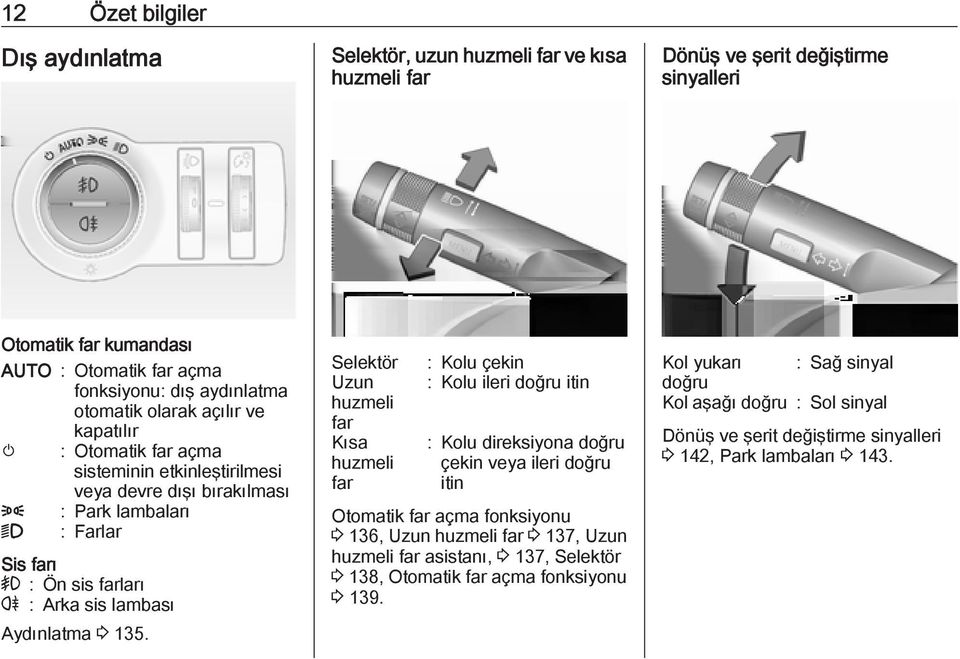 135. Selektör Uzun huzmeli far Kısa huzmeli far : Kolu çekin : Kolu ileri doğru itin : Kolu direksiyona doğru çekin veya ileri doğru itin Otomatik far açma fonksiyonu 3 136, Uzun huzmeli far 3 137,