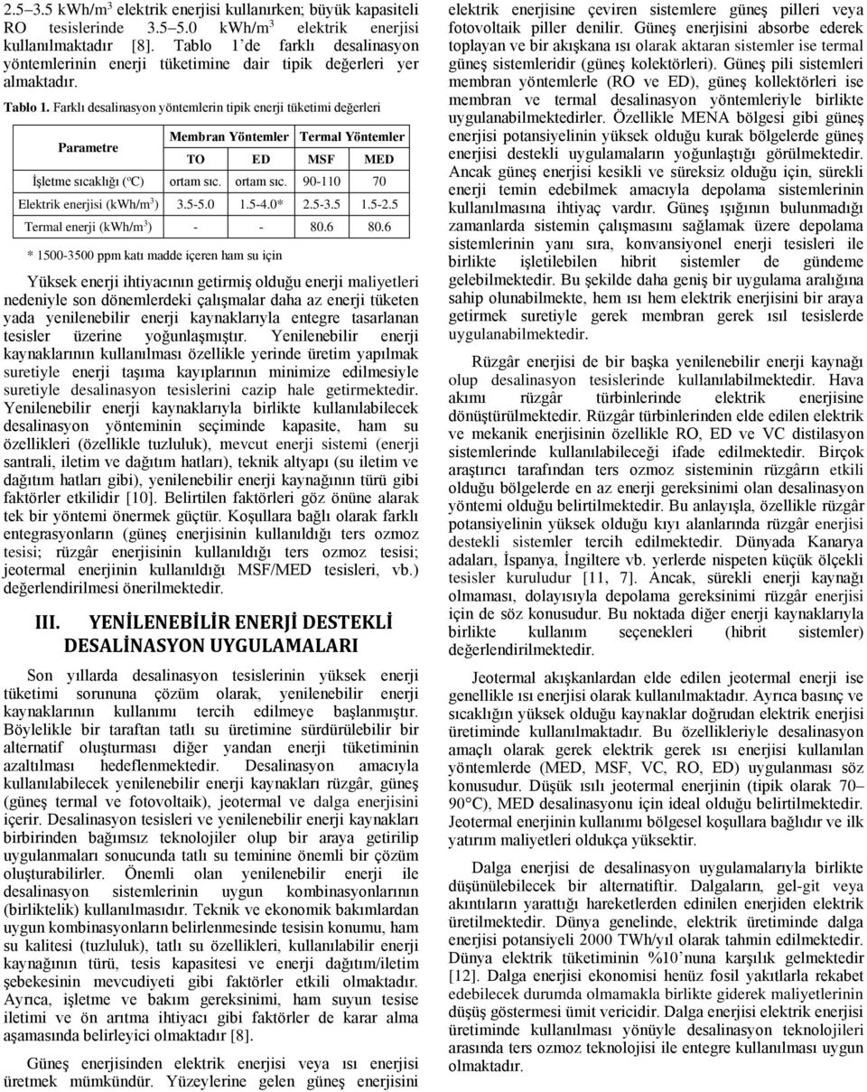 Farklı desalinasyon yöntemlerin tipik enerji tüketimi değerleri Parametre Membran Yöntemler Termal Yöntemler TO ED MSF MED İşletme sıcaklığı ( o C) ortam sıc. ortam sıc. 90-110 70 Elektrik enerjisi (kwh/m 3 ) 3.