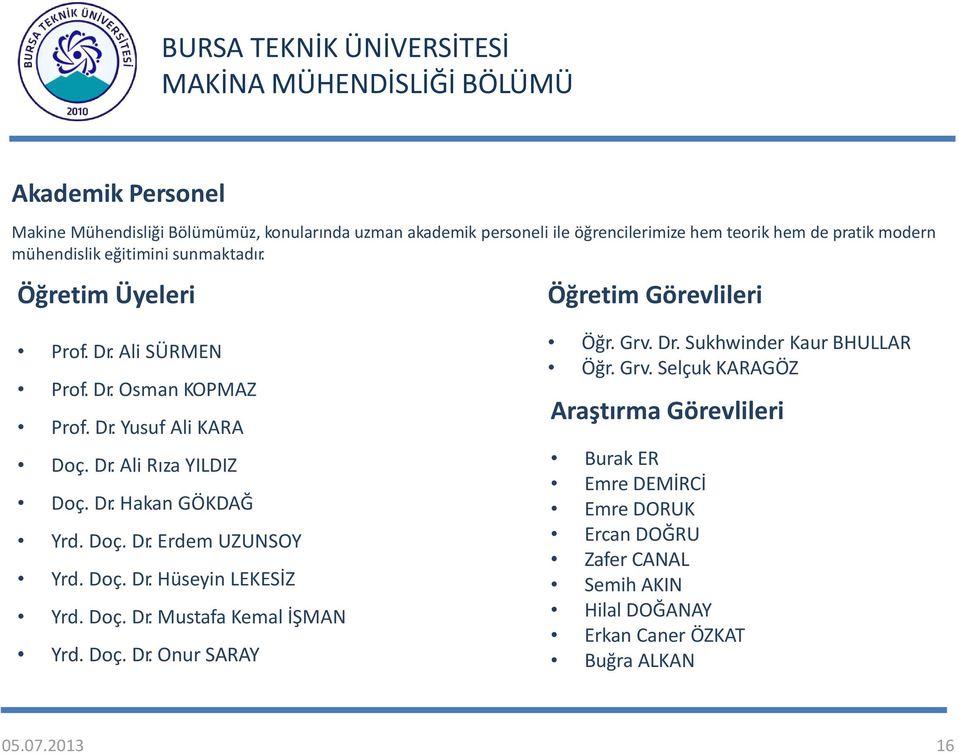 Doç. Dr. Erdem UZUNSOY Yrd. Doç. Dr. Hüseyin LEKESİZ Yrd. Doç. Dr. Mustafa Kemal İŞMAN Yrd. Doç. Dr. Onur SARAY Öğr. Grv.