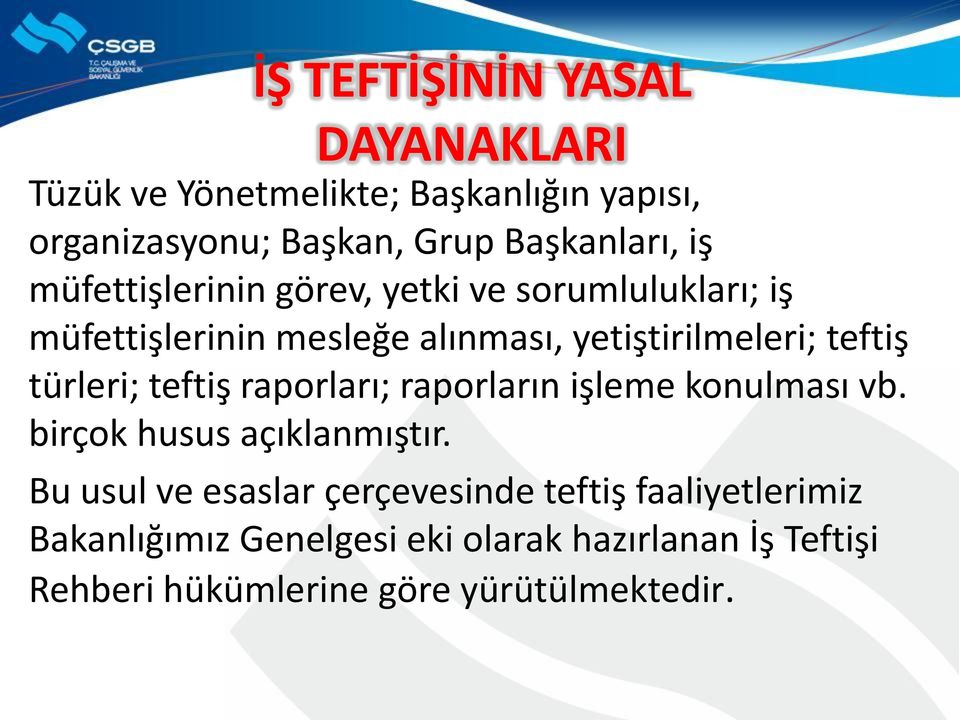 türleri; teftiş raporları; raporların işleme konulması vb. birçok husus açıklanmıştır.