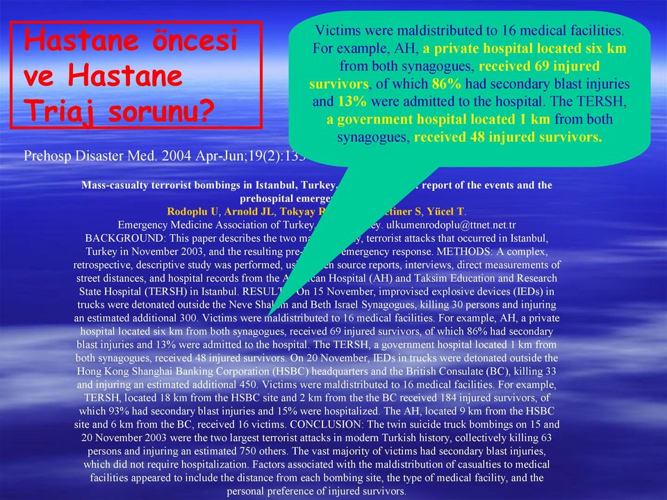The TERSH, a government hospital located 1 km from both synagogues, received 48 injured survivors. Prehosp Disaster Med. 2004 Apr-Jun;19(2):133-45.