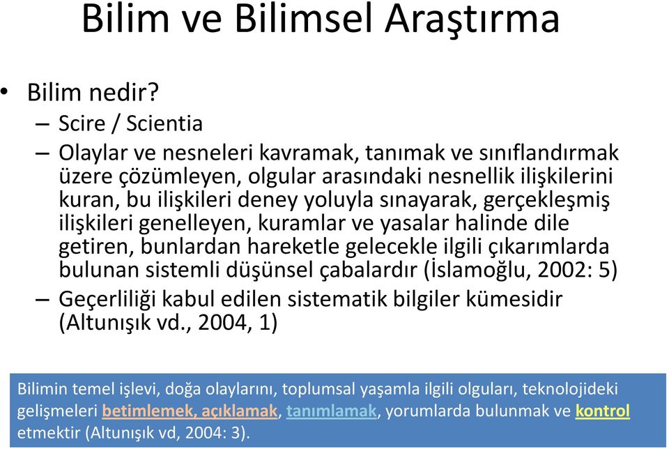 sınayarak, gerçekleşmiş ilişkileri genelleyen, kuramlar ve yasalar halinde dile getiren, bunlardan hareketle gelecekle ilgili çıkarımlarda bulunan sistemli düşünsel