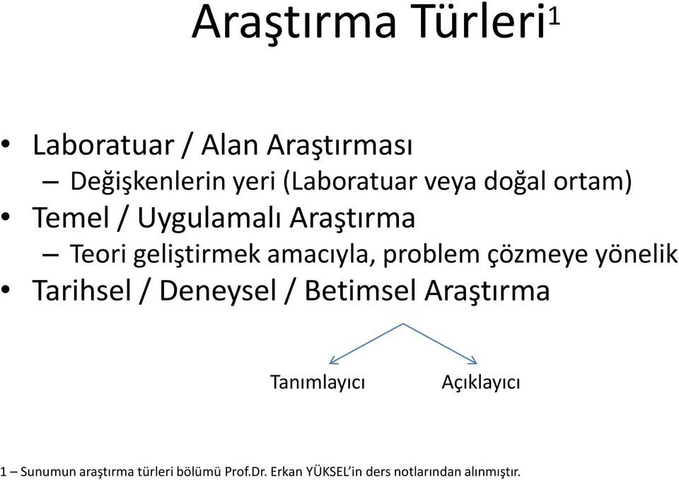 çözmeye yönelik Tarihsel / Deneysel / Betimsel Araştırma Tanımlayıcı Açıklayıcı 1