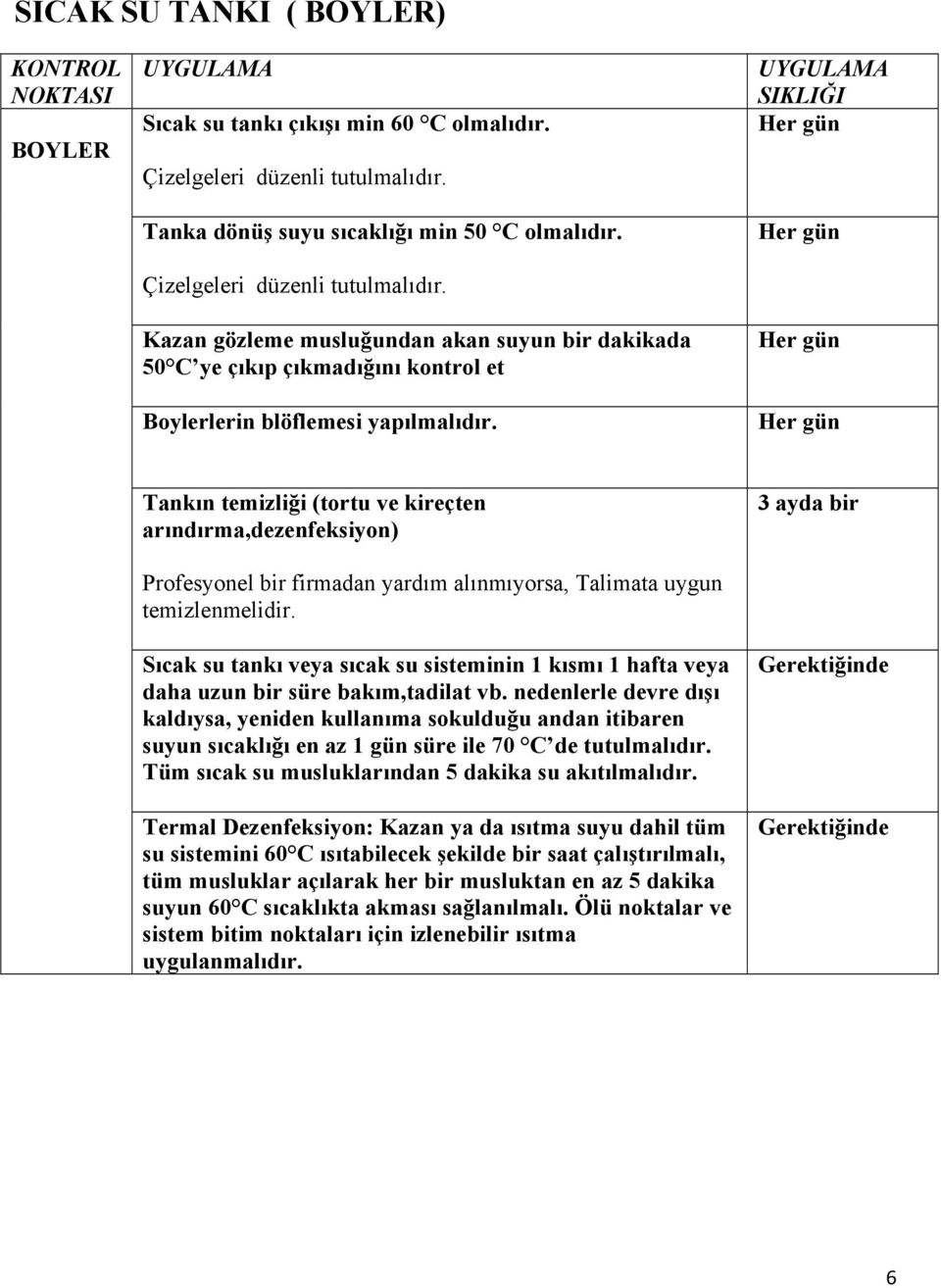 Tankın temizliği (tortu ve kireçten arındırma,dezenfeksiyon) Profesyonel bir firmadan yardım alınmıyorsa, Talimata uygun temizlenmelidir.