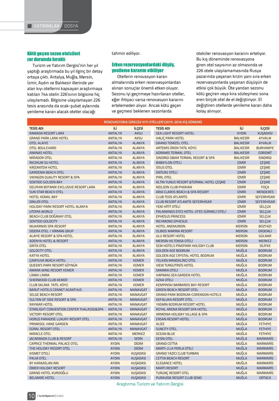 Bilgisine ulaşılamayan 226 tesis arasında da ocak-şubat aylarında yenileme kararı alacak oteller olacağı tahmin ediliyor.