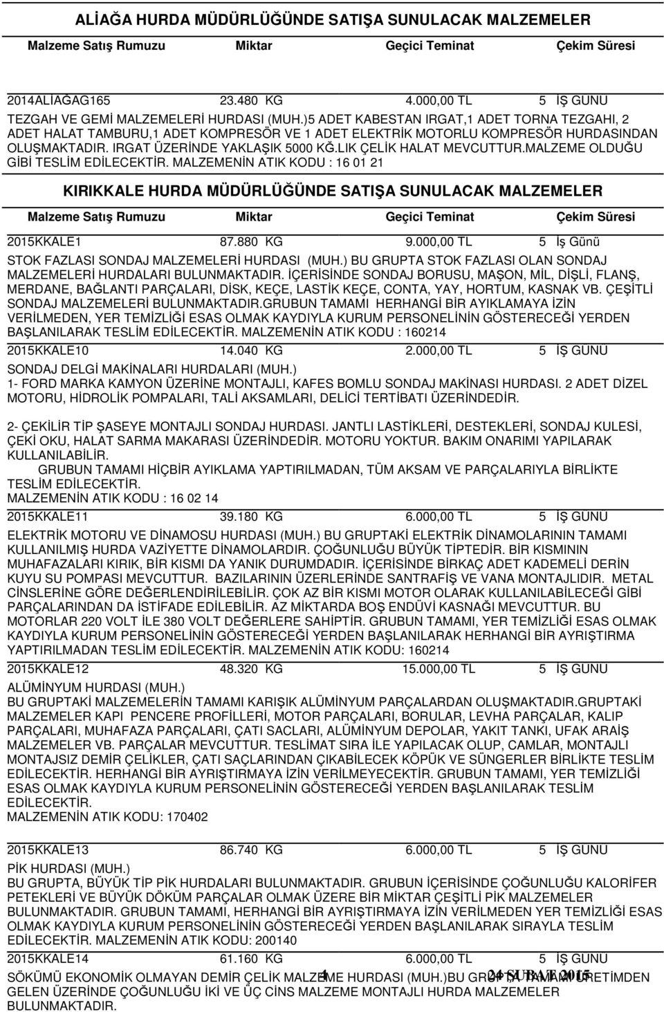 LIK ÇELİK HALAT MEVCUTTUR.MALZEME OLDUĞU GİBİ MALZEMENİN ATIK KODU : 16 01 21 KIRIKKALE HURDA MÜDÜRLÜĞÜNDE SATIŞA SUNULACAK MALZEMELER 2015KKALE1 87.880 KG 9.