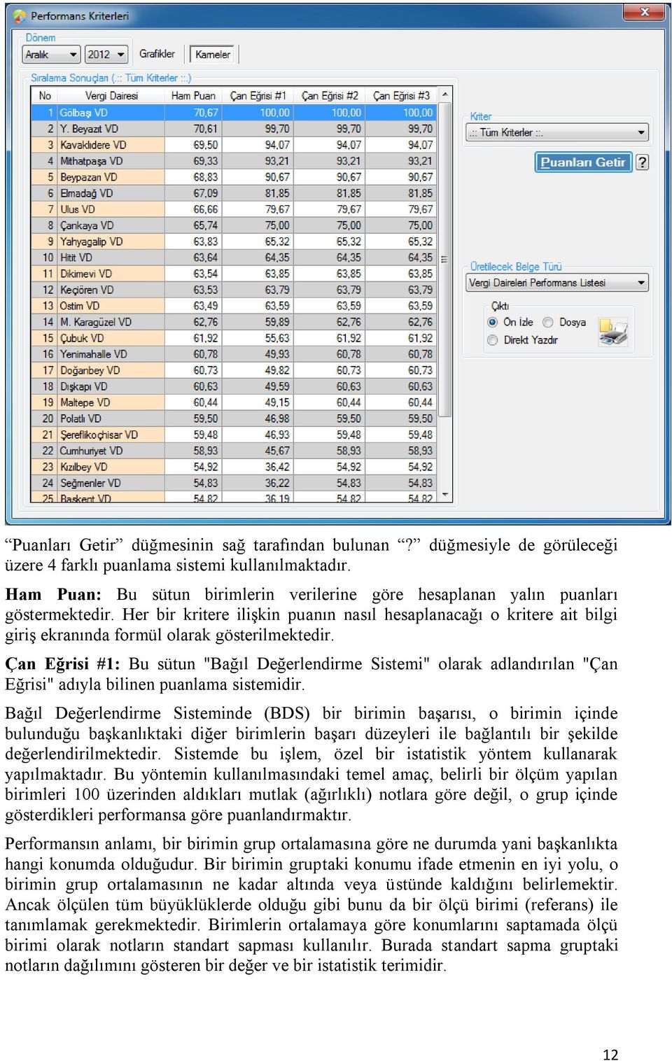 Her bir kritere ilişkin puanın nasıl hesaplanacağı o kritere ait bilgi giriş ekranında formül olarak gösterilmektedir.