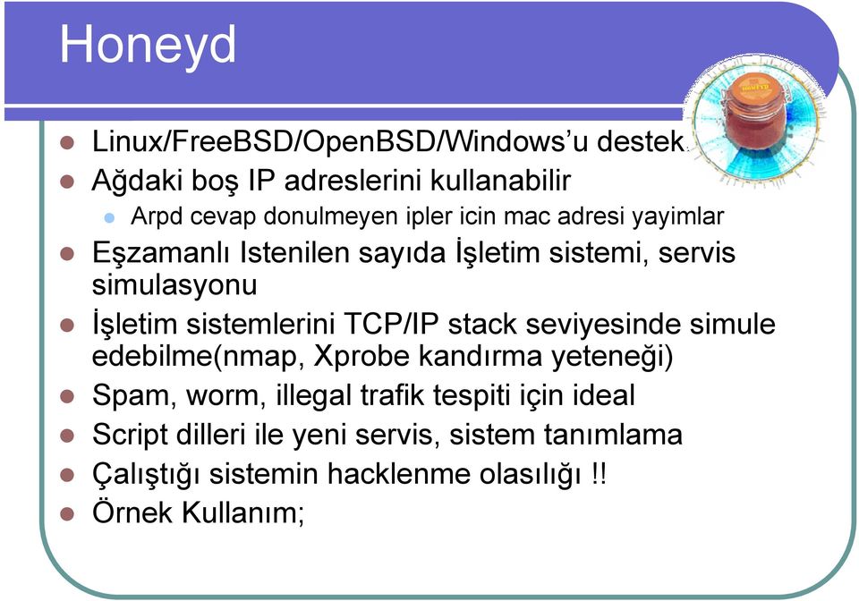 TCP/IP stack seviyesinde simule edebilme(nmap, Xprobe kandırma yetene i) Spam, worm, illegal trafik tespiti