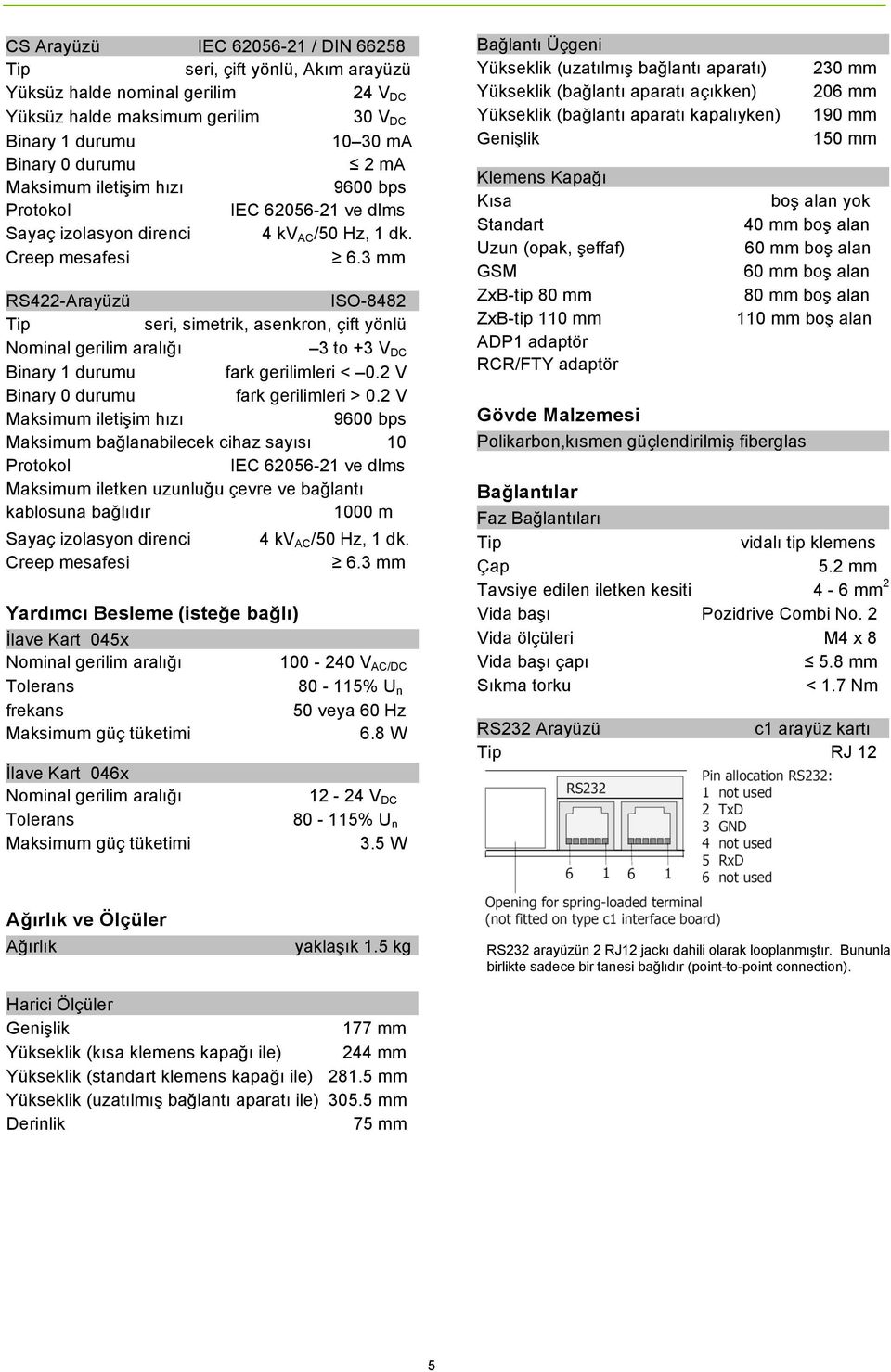 3 mm RS422-Arayüzü ISO-8482 seri, simetrik, asenkron, çift yönlü Nominal gerilim aralığı 3 to +3 V DC Binary 1 durumu fark gerilimleri < 0.2 V Binary 0 durumu fark gerilimleri > 0.