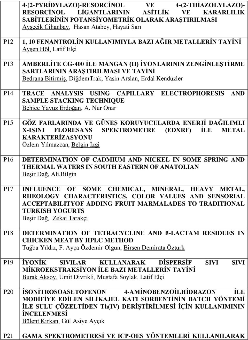 DiğdemTrak, Yasin Arslan, Erdal Kendüzler P14 TRACE ANALYSIS USING CAPILLARY ELECTROPHORESIS AND SAMPLE STACKING TECHNIQUE Behice Yavuz Erdoğan, A.