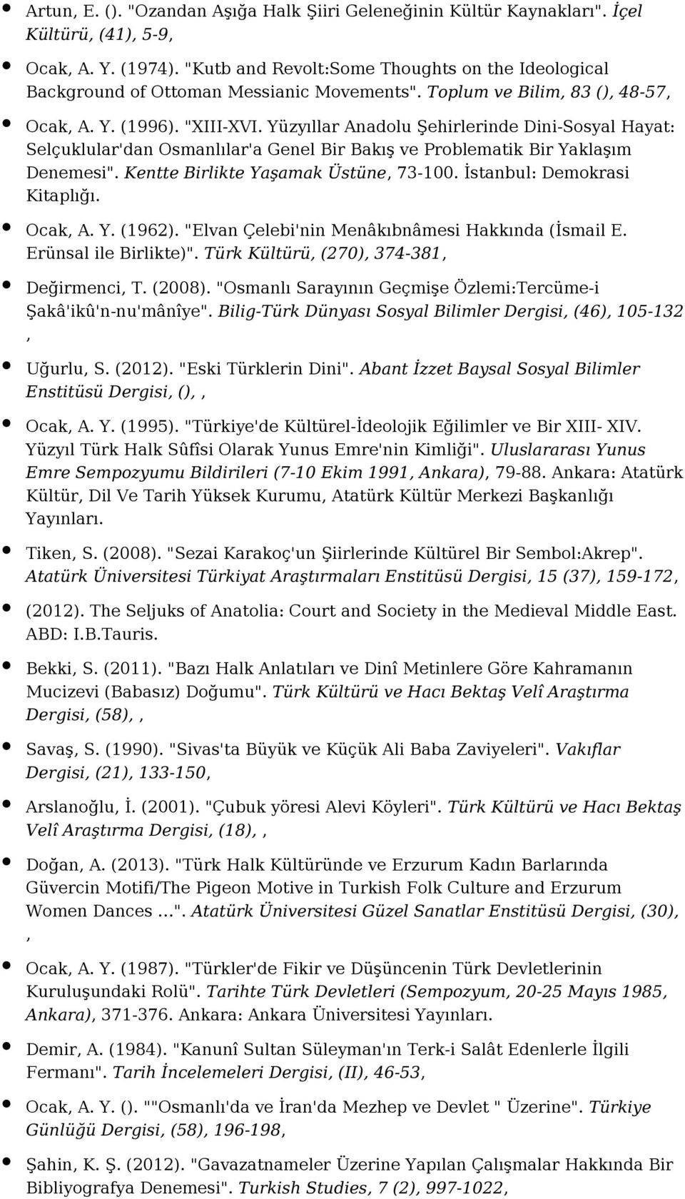 Yüzyıllar Anadolu Şehirlerinde Dini-Sosyal Hayat: Selçuklular'dan Osmanlılar'a Genel Bir Bakış ve Problematik Bir Yaklaşım Denemesi". Kentte Birlikte Yaşamak Üstüne, 73-100.