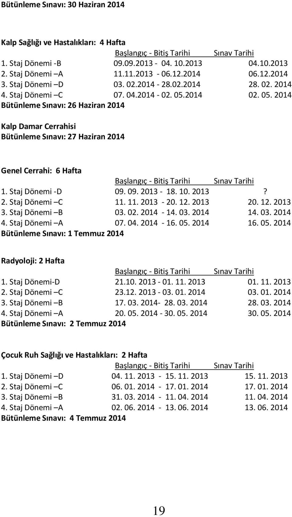 2014 02. 05. 2014 Bütünleme Sınavı: 26 Haziran 2014 Kalp Damar Cerrahisi Bütünleme Sınavı: 27 Haziran 2014 Genel Cerrahi: 6 Hafta Başlangıç - Bitiş Tarihi Sınav Tarihi 1. Staj Dönemi -D 09. 09. 2013-18.