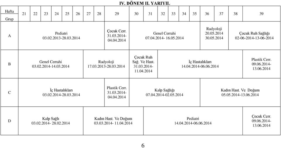 2014 İç Hastalıkları 14.04.2014-06.06.2014 Plastik Cerr. 09.06.2014-13.06.2014 C İç Hastalıkları 03.02.2014-28.03.2014 Plastik Cerr. 31.03.2014-04.04.2014 Kalp Sağlığı 07.04.2014-02.05.