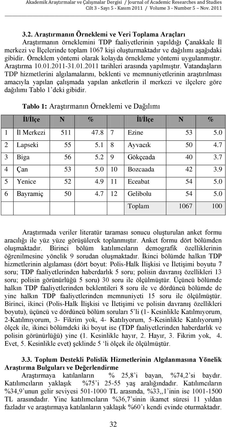 Vatandaşların TDP hizmetlerini algılamalarını, beklenti ve memnuniyetlerinin araştırılması amacıyla yapılan çalışmada yapılan anketlerin il merkezi ve ilçelere göre dağılımı Tablo 1 deki gibidir.