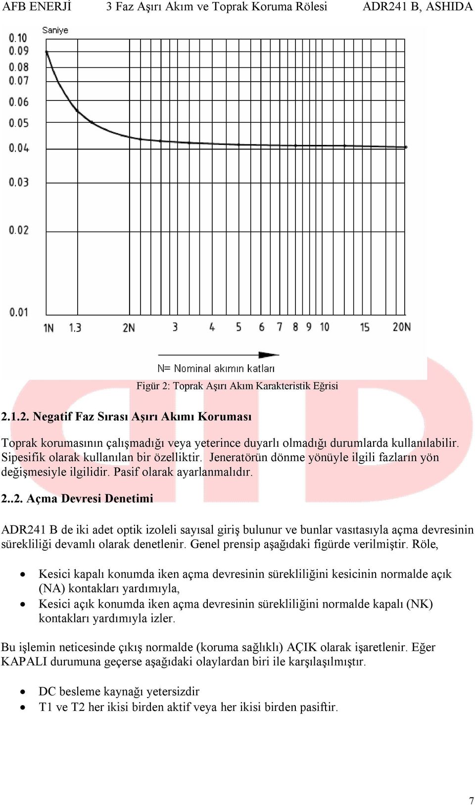 .2. Açma Devresi Denetimi ADR241 B de iki adet optik izoleli sayısal giriş bulunur ve bunlar vasıtasıyla açma devresinin sürekliliği devamlı olarak denetlenir.