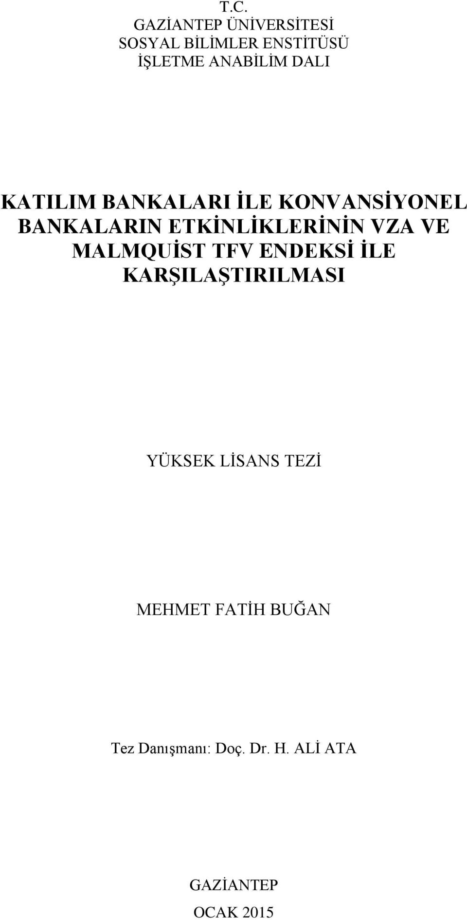 VZA VE MALMQUİST TFV ENDEKSİ İLE KARŞILAŞTIRILMASI YÜKSEK LİSANS TEZİ