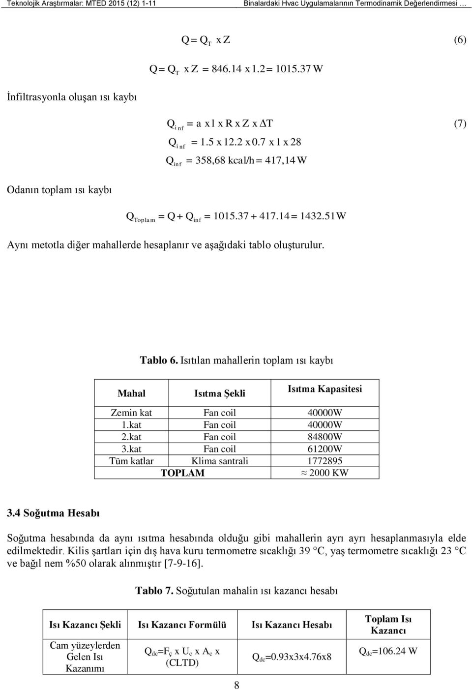 51W Aynı metotla diğer mahallerde hesaplanır ve aşağıdaki tablo oluşturulur. Tablo 6. Isıtılan mahallerin toplam ısı kaybı Mahal Isıtma ġekli Isıtma Kapasitesi Zemin kat Fan coil 40000W 1.